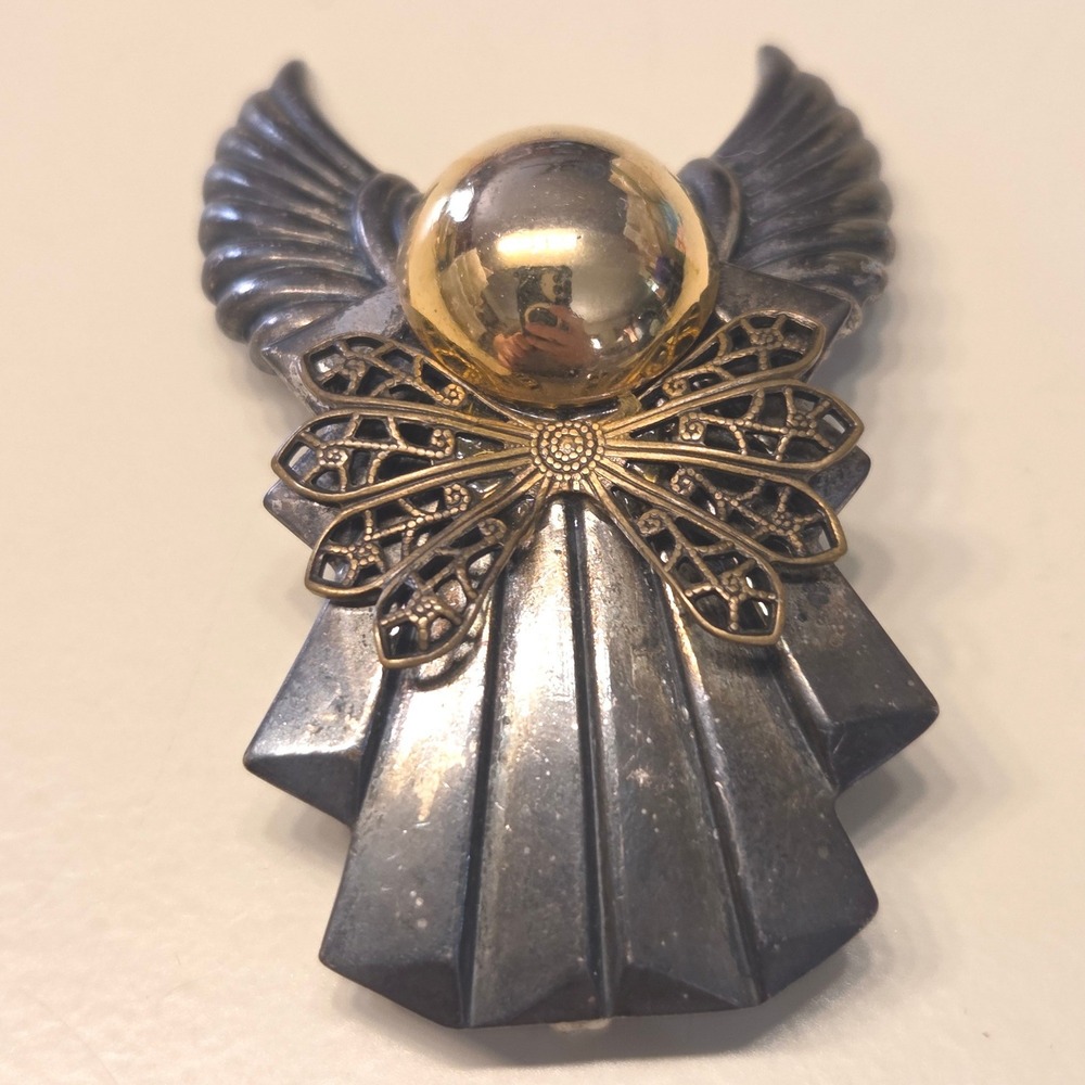 Vintage‎ Unsigned Angel Brooch Pin Gold Silver Two Tone Wings Ornate Filigree 2"